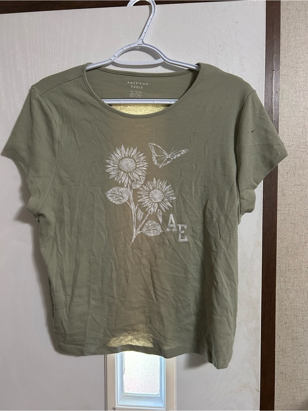 American Eagle Outfitters Olive Green Sunflower Tee with Butterfly Graphic